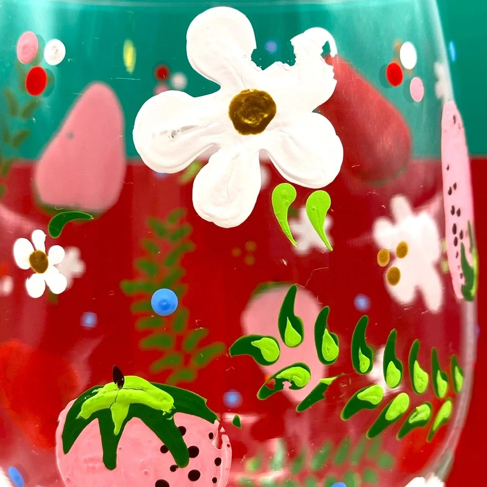 Hand-Painted Strawberry Floral Leaves And Polka Dots Wine Glass